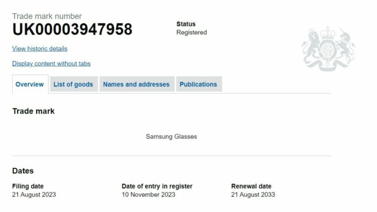 Торговая марка Samsung Glasses зарегистрирована в Британии